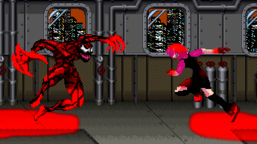 1boy 1girl alien battle blood carnage_(marvel) city crossover destruction diclonius elfen_lied epic fight fighting ground_vehicle horns lucy marvel_comics monster monster_girl night pink_hair pixel_art red_eyes short_hair spider-man_(series) symbiote train