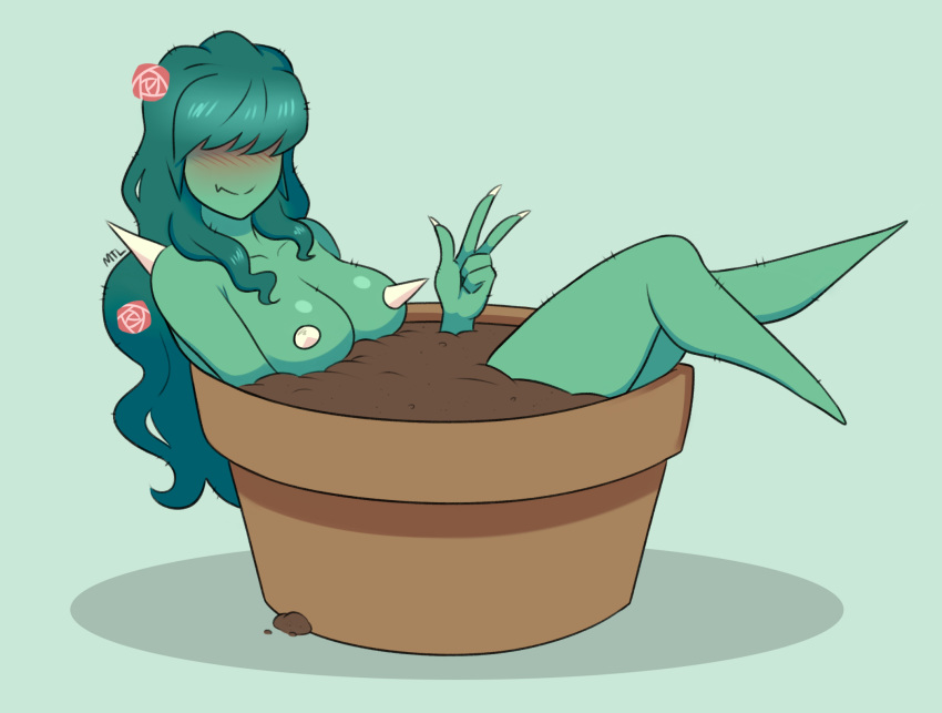 2018 breasts cactus digital_media_(artwork) female flora_fauna flower green_body green_hair green_skin hair hi_res humanoid metalling monster_girl_(genre) needle_(myutoeve) nipples not_furry plant simple_background solo