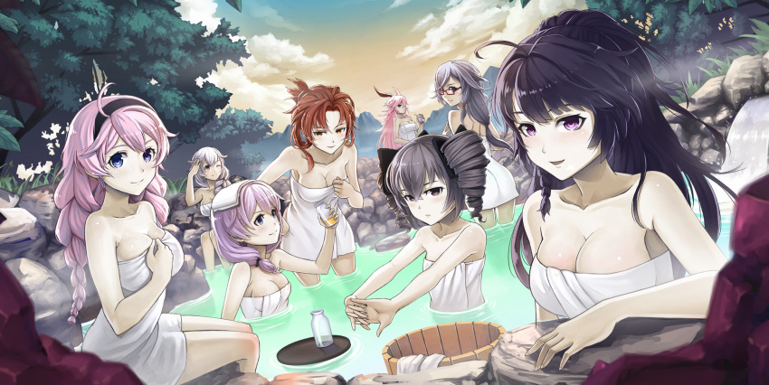 ;) ahoge animal_ears bangs benghuai_xueyuan black_bow black_eyes black_hair black_hairband blue_eyes bottle bow braid breasts bronya_zaychik bucket bunny_ears character_request cleavage closed_mouth cloud collarbone day drill_hair flat_chest folded_ponytail fu_hua_(honkai_impact) glasses hair_between_eyes hair_bow hair_over_shoulder hairband highres honkai_impact jchoy kallen_kaslana kiana_kaslana large_breasts lavender_hair leaning_forward long_hair looking_at_another looking_at_viewer low_ponytail medium_breasts milk_bottle multiple_girls murata_himeko naked_towel one_eye_closed onsen open_mouth outdoors partially_submerged pink_hair ponytail raiden_mei red-framed_eyewear red_hair rock short_hair single_braid sky smile stretch theresa_apocalypse towel tree twin_braids twin_drills very_long_hair water waterfall yae_sakura_(benghuai_xueyuan) yellow_eyes