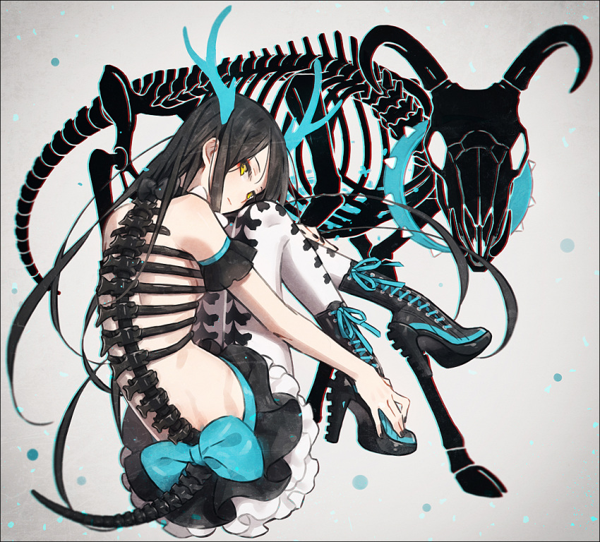 antlers black_footwear black_hair black_skirt blue_bow boots bow closed_mouth collar grey_background hakusai_(tiahszld) high_heel_boots high_heels long_hair looking_at_viewer looking_back original pantyhose pleated_skirt revealing_clothes ribs sitting skeleton skirt solo spiked_collar spikes spine very_long_hair white_legwear yellow_eyes