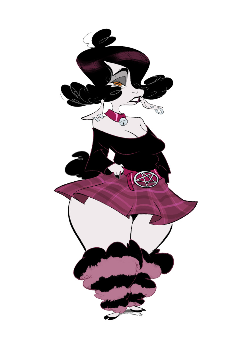 baphie bell belt black_hair black_lipstick brown_eyes caprine clothing collar ear_piercing eyeshadow female hair lipstick looking_at_viewer makeup mammal not_furry pentagram piercing sheep simple_background skirt slb solo voluptuous wide_hips