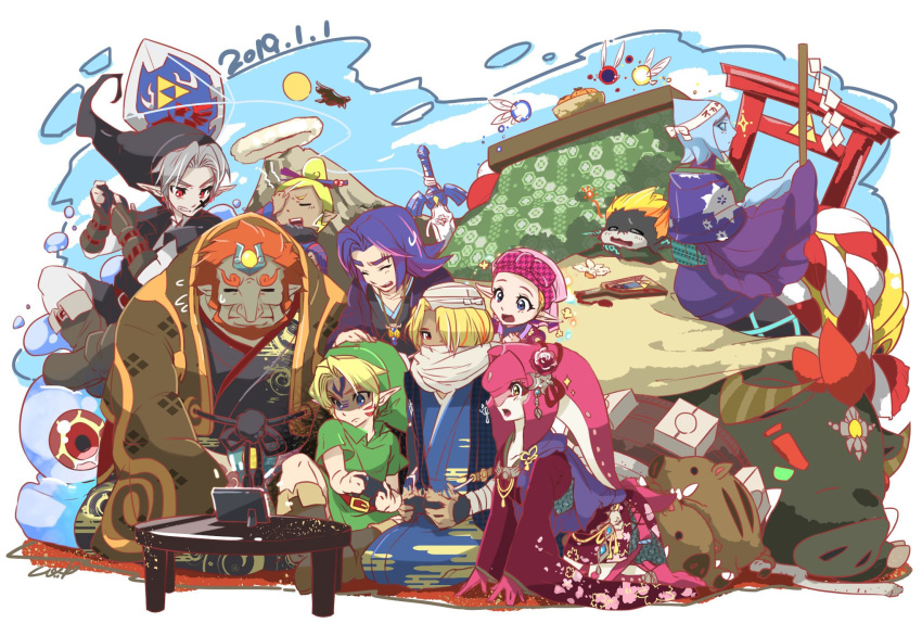 blonde_hair blue_eyes blue_skin blush braid dark_link dark_skin dual_persona fi fish_girl ganondorf hair_ornament hat highres imp japanese_clothes jewelry kandori_makoto kimono link long_hair midna mipha monster_girl multicolored multicolored_skin multiple_boys multiple_girls neon_trim nintendo no_eyebrows orange_hair pointy_ears princess_zelda red_hair reverse_trap sheik shield smile surcoat the_legend_of_zelda the_legend_of_zelda:_breath_of_the_wild the_legend_of_zelda:_ocarina_of_time the_legend_of_zelda:_skyward_sword the_legend_of_zelda:_twilight_princess toon_link turban two-tone_skin yellow_eyes yellow_sclera young_link zora