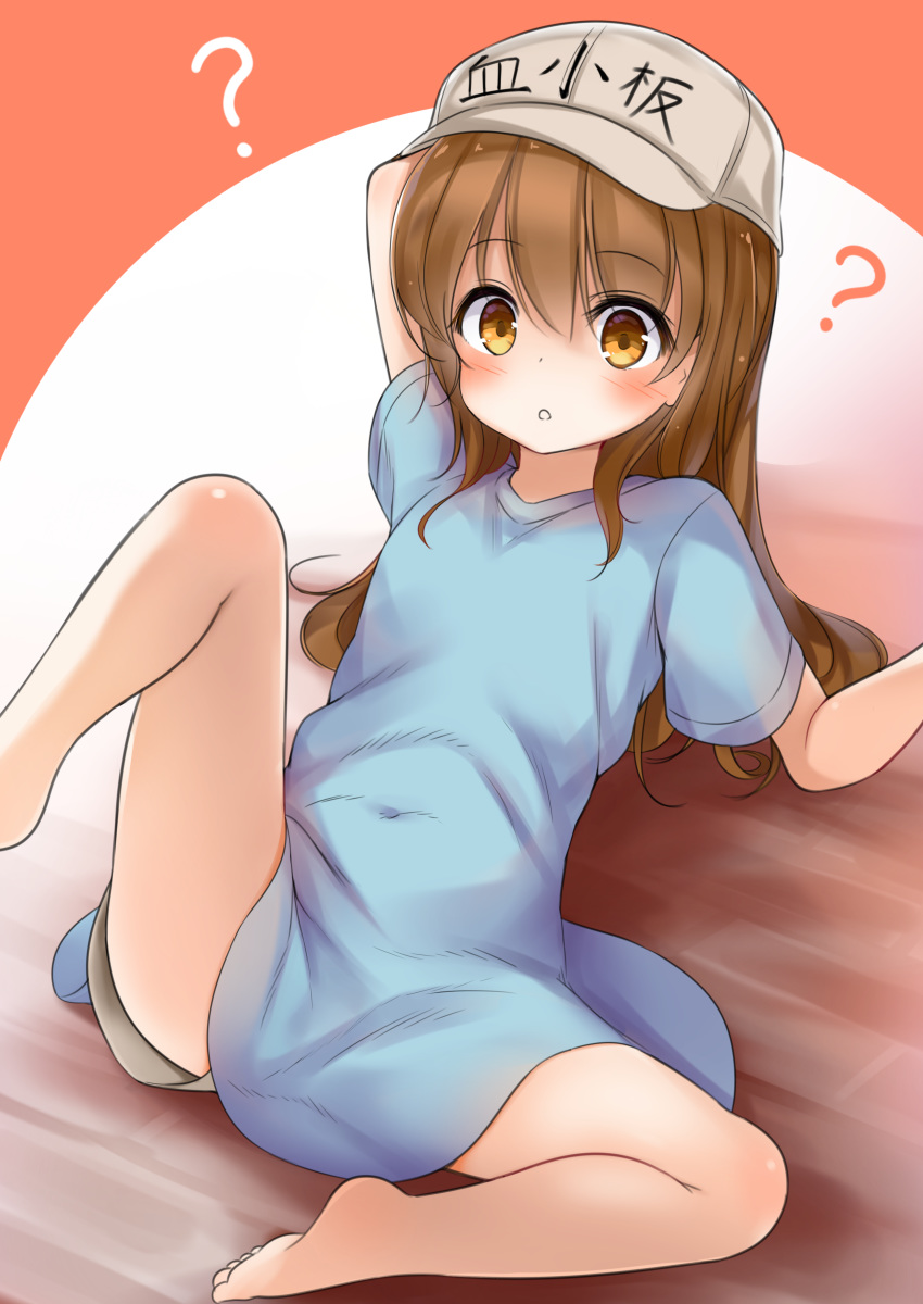 absurdres arm_behind_head arm_up barefoot blue_shirt blush brown_eyes brown_hair commentary_request hat hataraku_saibou highres long_hair lying on_back open_mouth platelet_(hataraku_saibou) shirt solo spread_legs tsumiki_akeno