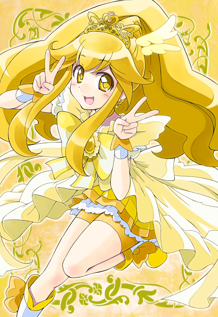 :d bike_shorts blonde_hair blush boots bow choker commentary_request cure_peace double_v dress earrings eyebrows_visible_through_hair hair_flaps highres jewelry kise_yayoi leg_up long_hair looking_at_viewer magical_girl open_mouth pika_pika_pikarin_jankenpon precure princess_form_(smile_precure!) satogo shorts shorts_under_skirt skirt smile smile_precure! solo tiara v wide_ponytail wrist_cuffs yellow yellow_bow yellow_choker yellow_eyes yellow_shorts yellow_skirt