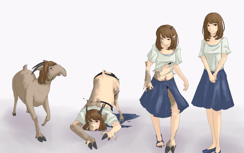 2017 antelope blush breasts brown_hair clothed clothing female feral footwear hair horn human human_to_feral hyphen_(artist) looking_at_viewer mammal nude saiga_antelope sequence shoes simple_background skirt solo standing tail_growth tears torn_clothing transformation underwear white_background