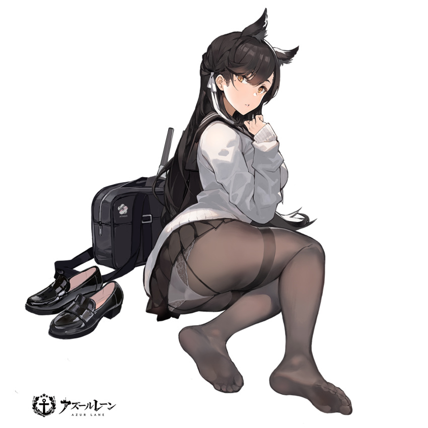 alternate_costume animal_ears ass atago_(azur_lane) azur_lane bag black_footwear black_hair black_legwear black_skirt breasts brown_eyes copyright_name duffel_bag feet full_body hair_behind_ear highres kishiyo lace lace-trimmed_panties large_breasts loafers long_hair looking_at_viewer mole mole_under_eye no_shoes official_art panties panties_under_pantyhose pantyhose parted_lips revision school_uniform shoes shoes_removed simple_background skirt soles solo thighband_pantyhose underwear