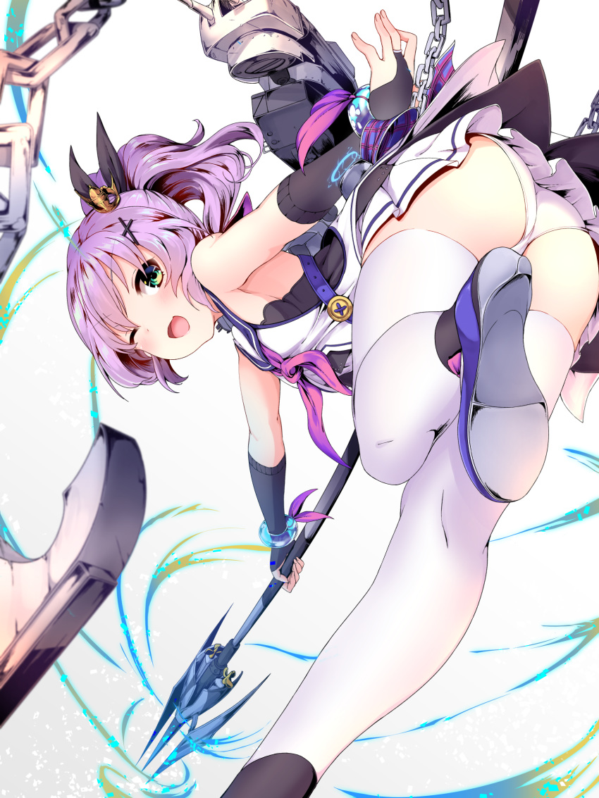 ;d ass azur_lane black_ribbon blush bracelet breasts chain crown hair_ornament high_ponytail highres holding holding_spear holding_weapon javelin_(azur_lane) jewelry looking_at_viewer mini_crown neme1228 one_eye_closed open_mouth panties polearm ponytail purple_hair ribbon shirt sleeveless sleeveless_shirt smile solo spear thighhighs underwear weapon white_panties