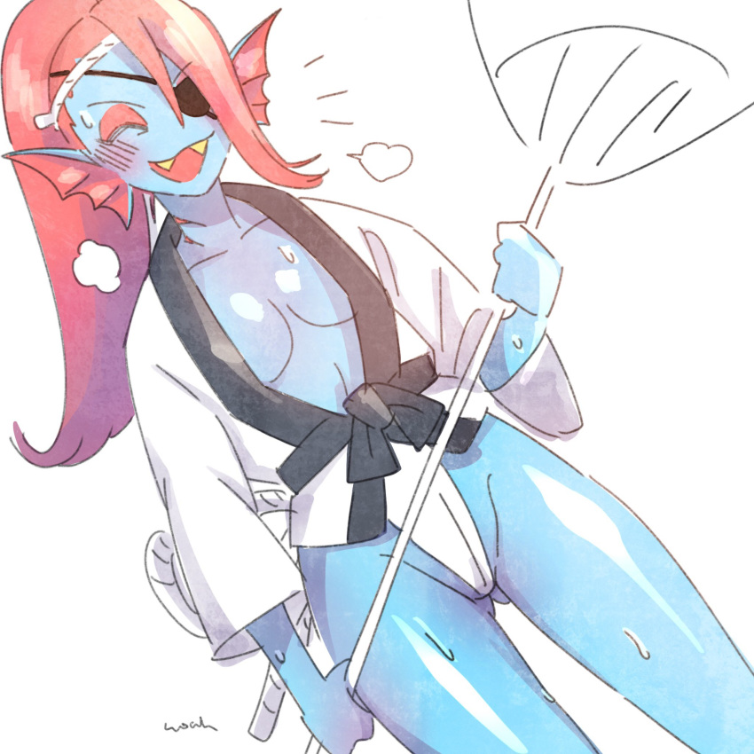 anthro blue_skin breasts cleavage clothed clothing eye_patch eyes_closed eyewear female fish gills hair long_hair marine noaharbre open_mouth red_hair smile solo standing sweat undertale undyne video_games white_hair yellow_teeth