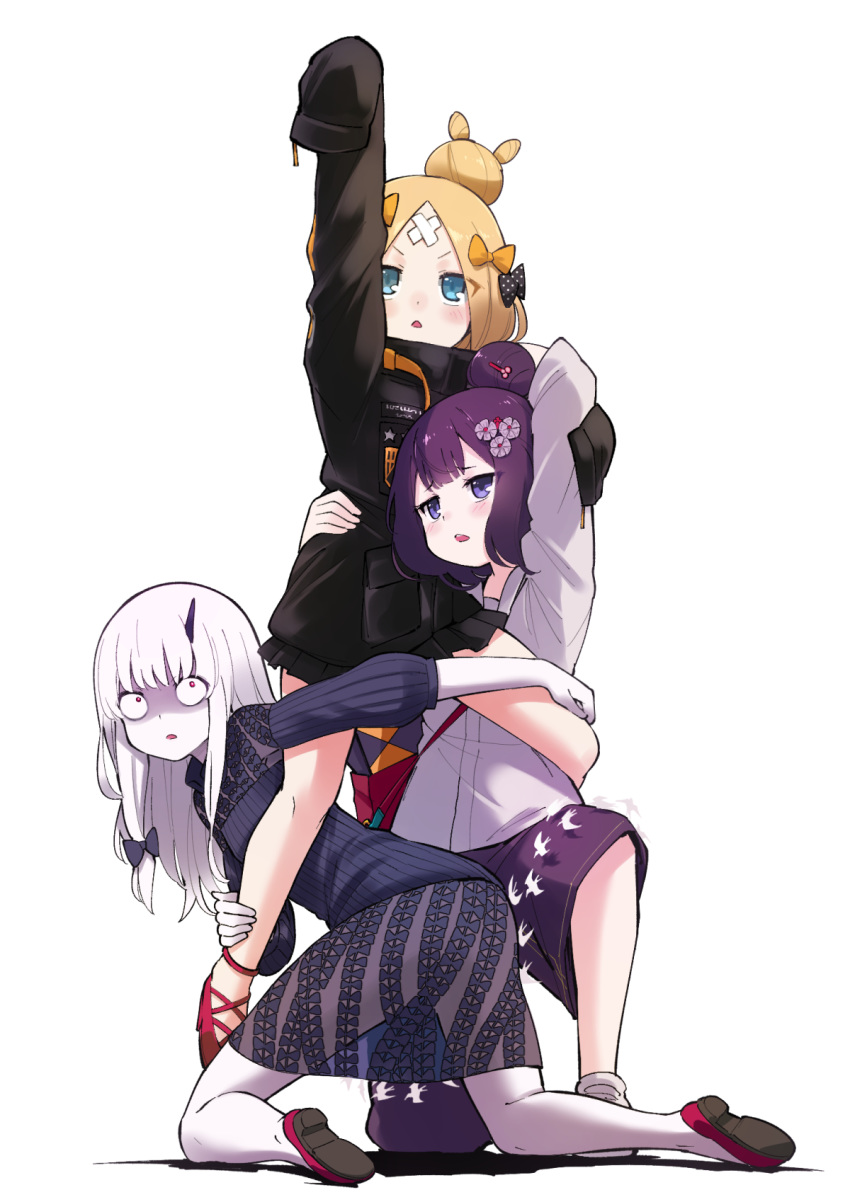 abigail_williams_(fate/grand_order) albino alphy arm_up bandaid bandaid_on_forehead bangs bent_over black_jacket blue_eyes blush bow commentary eyebrows_visible_through_hair fate/grand_order fate_(series) full_body gundam gundam_narrative hair_bow hair_bun hair_ornament hairclip highres horn jacket katsushika_hokusai_(fate/grand_order) kneeling lavinia_whateley_(fate/grand_order) long_hair long_sleeves looking_at_viewer multiple_girls narrative_formation open_mouth orange_bow pale_skin pants parody parted_bangs pleated_skirt polka_dot polka_dot_bow pose purple_hair red_eyes ribbed_sweater see-through shaded_face shoes short_hair simple_background skirt sleeves_past_fingers sleeves_past_wrists standing sweater white_background white_hair wide-eyed