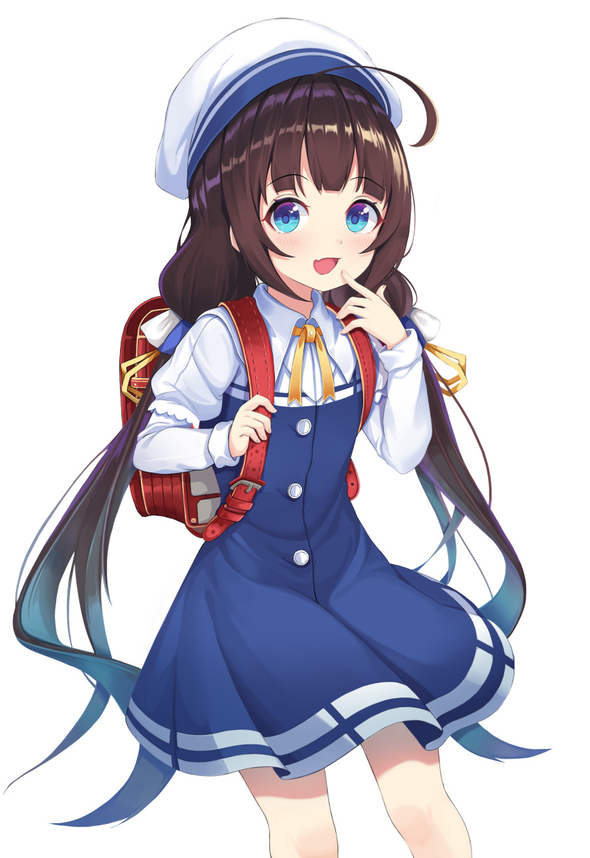 :d absurdres ahoge backpack bag bangs beret blue_dress blue_eyes blush brown_hair commentary_request dress eyebrows_visible_through_hair fang finger_to_mouth fingernails hand_up hat highres hinatsuru_ai holding lebring long_hair long_sleeves looking_at_viewer low_twintails neck_ribbon open_mouth puffy_short_sleeves puffy_sleeves randoseru ribbon ryuuou_no_oshigoto! school_uniform short_over_long_sleeves short_sleeves sidelocks simple_background sleeves_past_wrists smile solo twintails very_long_hair white_background white_hat yellow_ribbon