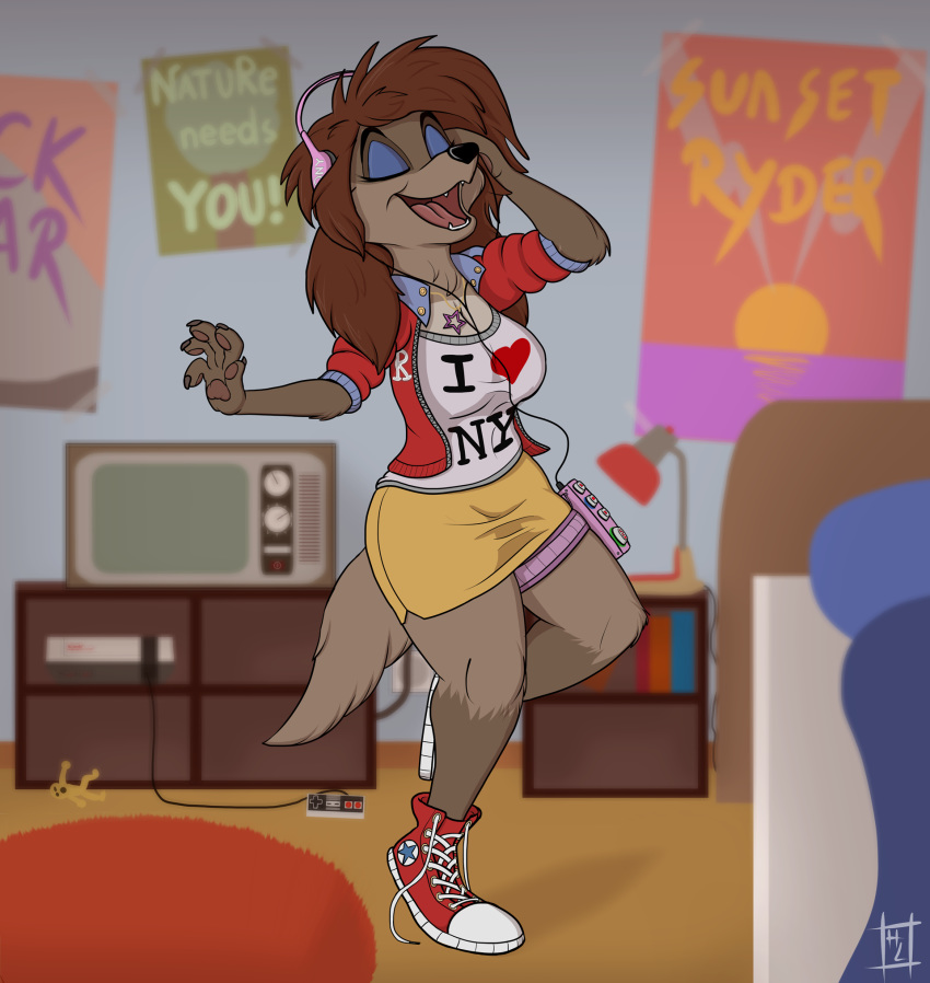 &lt;3 2018 anthro anthrofied bed big_breasts breasts canine clothed clothing console disney dog eyeshadow female footwear hair headphones hi_res hyenatig_(artist) makeup mammal navel nintendo oliver_&amp;_company open_mouth rita_(disney) shoes solo video_games walkman