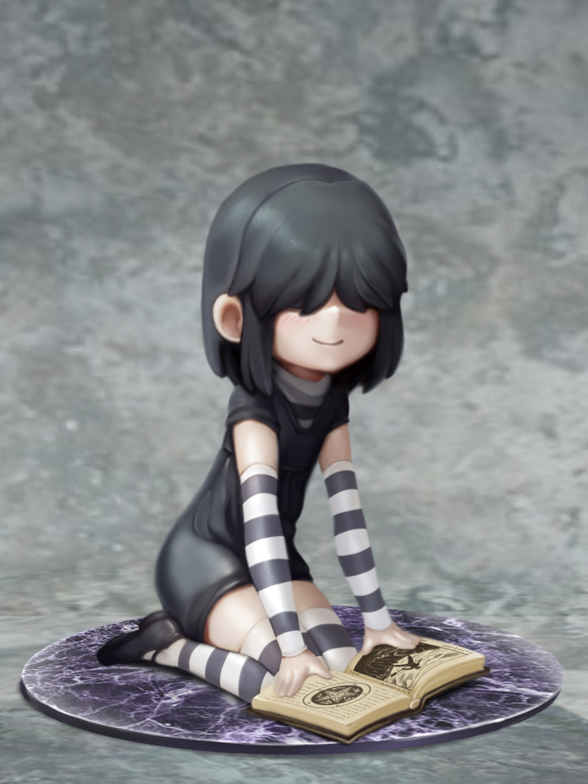 arm_warmers black_dress black_hair blush book commentary dress english_commentary faux_figurine full_body gothic hair_over_eyes highres jcm2 lucy_loud necronomicon open_book short_hair sitting smile solo striped striped_legwear the_loud_house thighhighs wariza