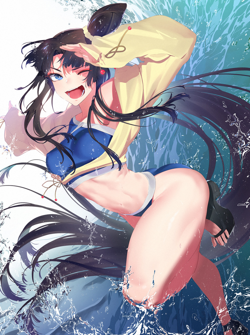 ass bare_shoulders bikini black_hair blue_eyes commentary_request eyeshadow fangs fate/grand_order fate_(series) hair_bun hairband highres jacket jacket_over_swimsuit long_hair makeup navel one_eye_closed open_mouth ponytail ryokucha_(i_cobalt) sandals solo sports_bikini swimsuit tidal_wave toned ushiwakamaru_(fate/grand_order) ushiwakamaru_(swimsuit_assassin)_(fate) very_long_hair water