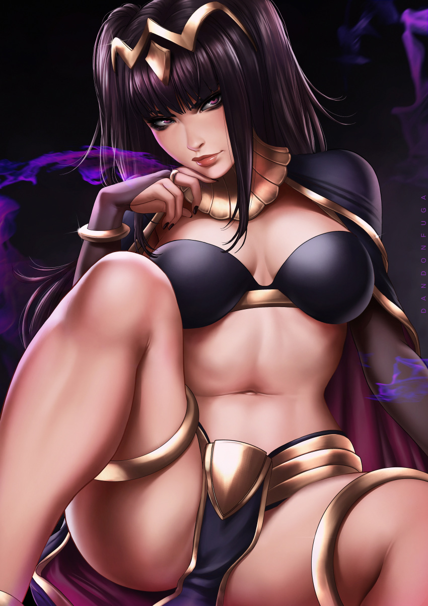 1girl absurdres artist_name bikini_top black_hair black_nails breasts bridal_gauntlets cape chin_rest circlet cleavage closed_mouth dandon_fuga eyeshadow fire_emblem gauntlets groin highres hips legs lips lipstick long_hair looking_at_viewer magic makeup medium_breasts nail_polish navel pink_eyes realistic red_lips serious simple_background sitting solo spread_legs tharja thighs tiara two_side_up