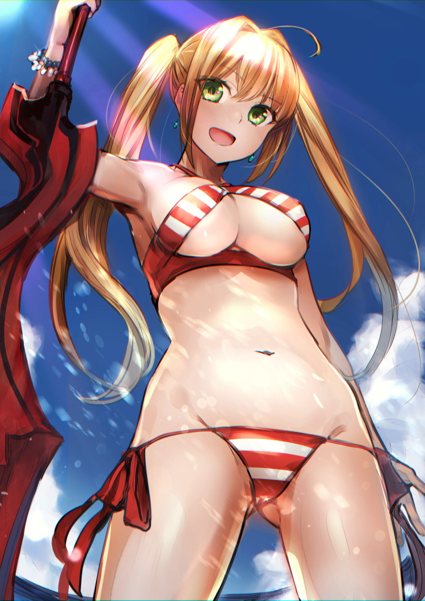:d aestus_estus ahoge akechi_shizuku ass_visible_through_thighs bare_arms bare_shoulders bikini blonde_hair blush breasts chromatic_aberration cleavage cloud commentary_request criss-cross_halter day eyebrows_visible_through_hair fate/grand_order fate_(series) green_eyes hair_intakes halterneck highres holding holding_sword holding_weapon large_breasts long_hair looking_at_viewer navel nero_claudius_(fate)_(all) nero_claudius_(swimsuit_caster)_(fate) open_mouth outdoors revision side-tie_bikini sideboob sky smile solo standing swimsuit sword twintails weapon