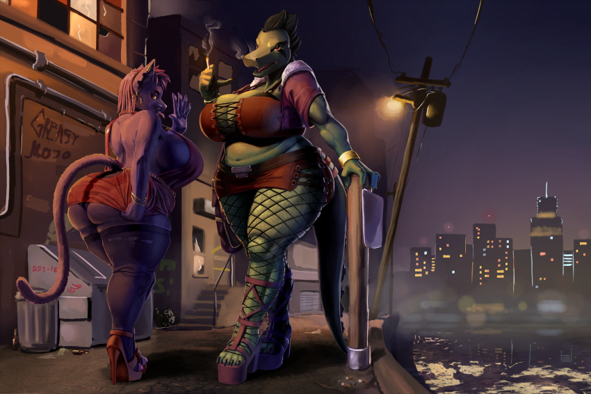 2018 absurd_res anthro bea_(nitw) big_breasts big_butt breasts butt cat cigarette city clothed clothing crocodile crocodilian duo ear_piercing english_text feline female fishnet footwear fur greasymojo hair hi_res high_heels mae_(nitw) mammal mature_female night_in_the_woods outside overweight overweight_female piercing prostitution reptile scalie shoes skimpy smoke smoking text thick_thighs trash