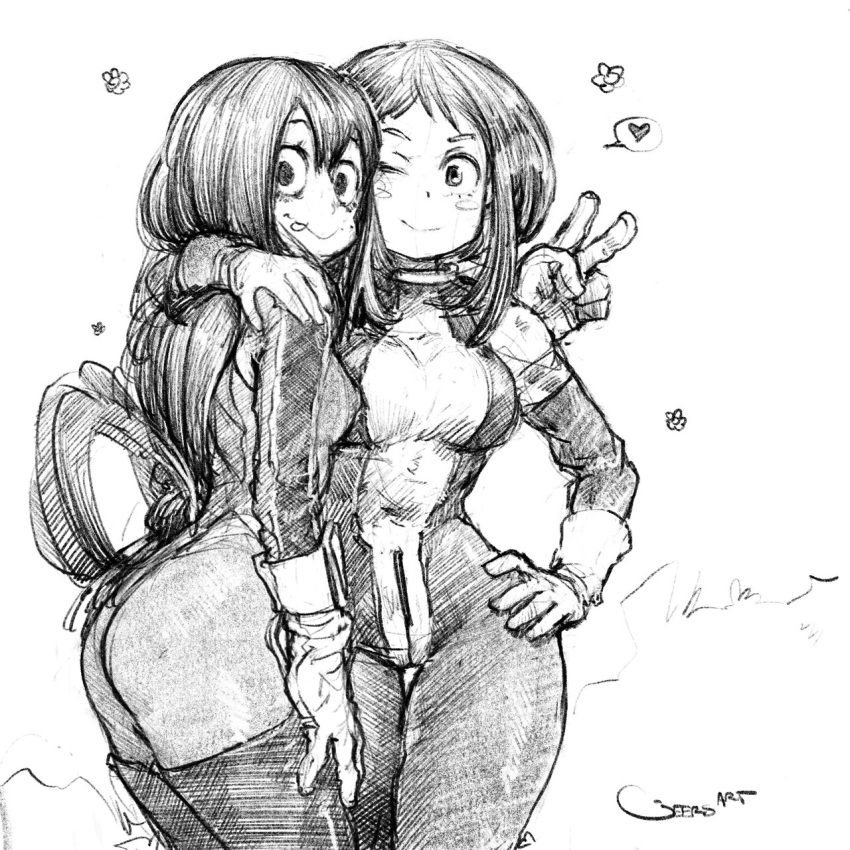 :p ;) arm_around_shoulder ass asui_tsuyu bodysuit boku_no_hero_academia boots breasts commentary darren_geers gloves greyscale heart highres hug long_hair low-tied_long_hair medium_breasts monochrome multiple_girls one_eye_closed sketch smile spoken_heart thigh_boots thigh_gap thighhighs tongue tongue_out uraraka_ochako v