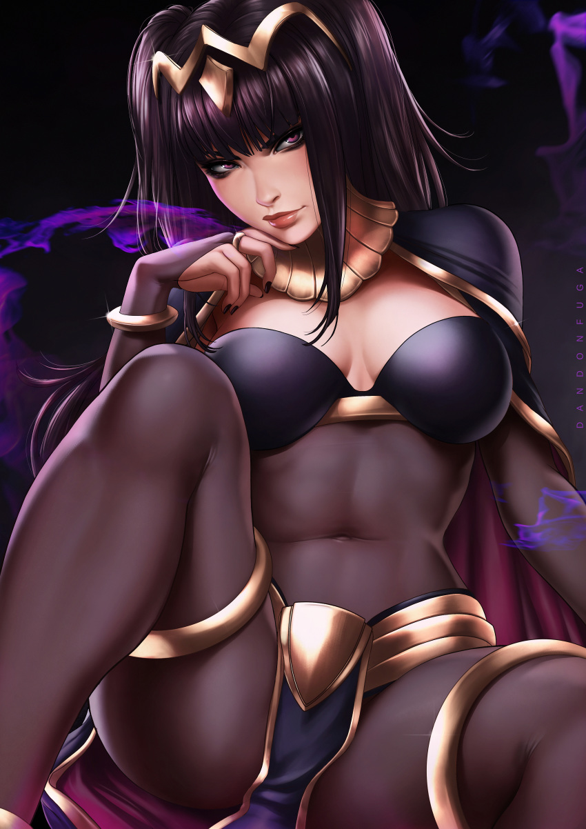 1girl absurdres artist_name bikini_top black_hair black_nails bodystocking breasts bridal_gauntlets cape chin_rest circlet cleavage closed_mouth covered_navel dandon_fuga eyeshadow fire_emblem gauntlets groin highres hips legs lips lipstick long_hair looking_at_viewer magic makeup medium_breasts nail_polish navel pink_eyes realistic red_lips see-through serious simple_background sitting solo spread_legs tharja thighs tiara two_side_up