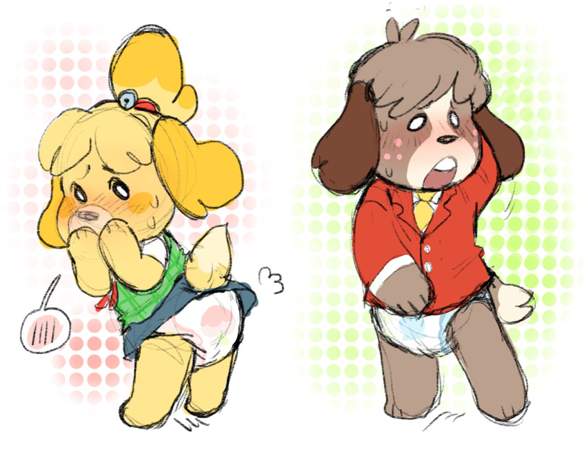 animal_crossing anthro blush canid canine canis clothing diaper digby_(animal_crossing) dog duo embarrassed female isabelle_(animal_crossing) male mammal nintendo open_mouth sibling slusheep suit upskirt video_games