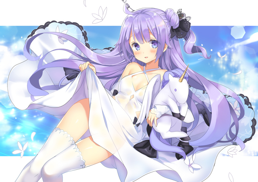 ahoge azur_lane black_ribbon blue_sky blush breasts cleavage cloud dress flower hair_ribbon kurot long_hair looking_at_viewer medium_breasts petals purple_eyes purple_hair ribbon sky solo stuffed_alicorn stuffed_animal stuffed_toy thighhighs unicorn_(azur_lane) white_dress white_legwear