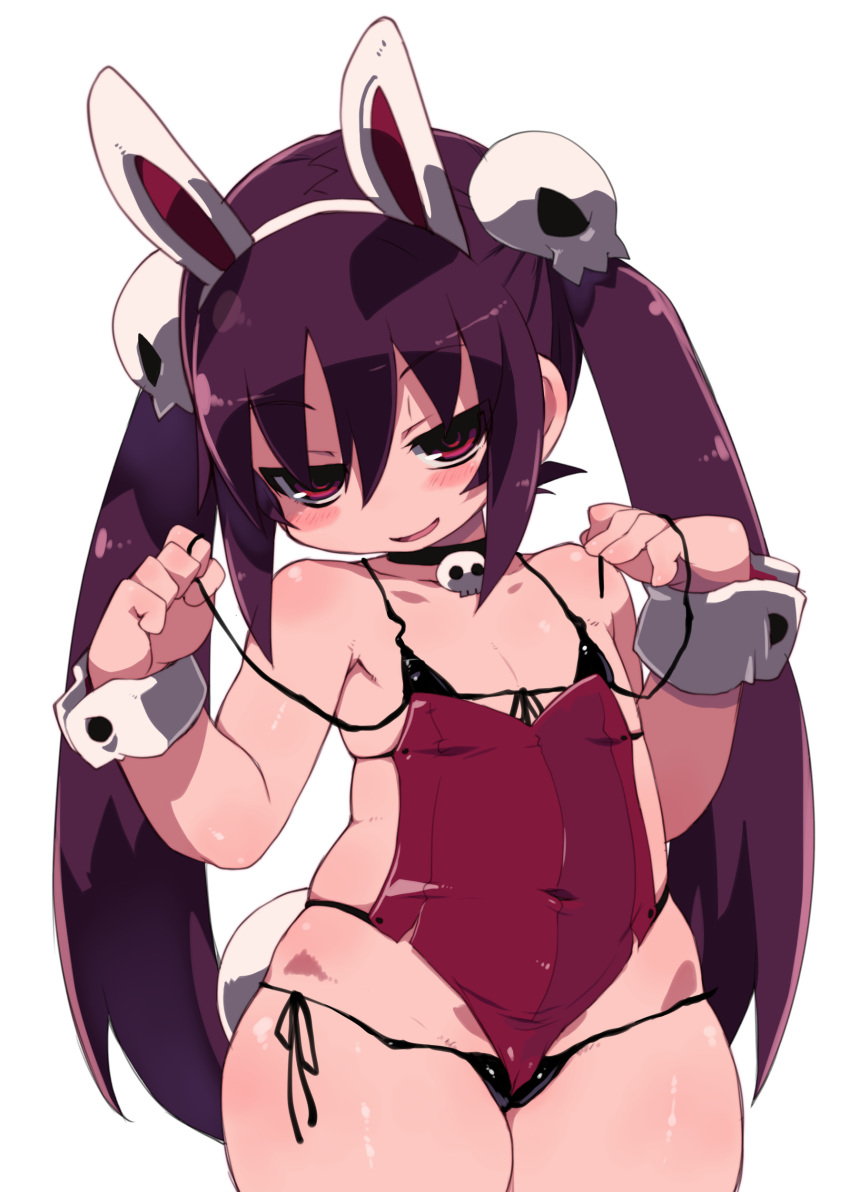 absurdres animal_ears bangs bare_shoulders bikini black_bikini black_choker blush bunny_ears bunny_girl bunny_tail choker commentary_request covered_navel cowboy_shot eyebrows_visible_through_hair fake_animal_ears flat_chest hair_between_eyes hair_ornament hairband head_tilt henrietta_(zankuro) highres leotard long_hair looking_at_viewer micro_bikini original purple_hair red_eyes red_leotard side-tie_bikini simple_background skull_hair_ornament smile solo standing swimsuit tail thick_thighs thighs twintails untied untied_bikini white_background wrist_cuffs zankuro
