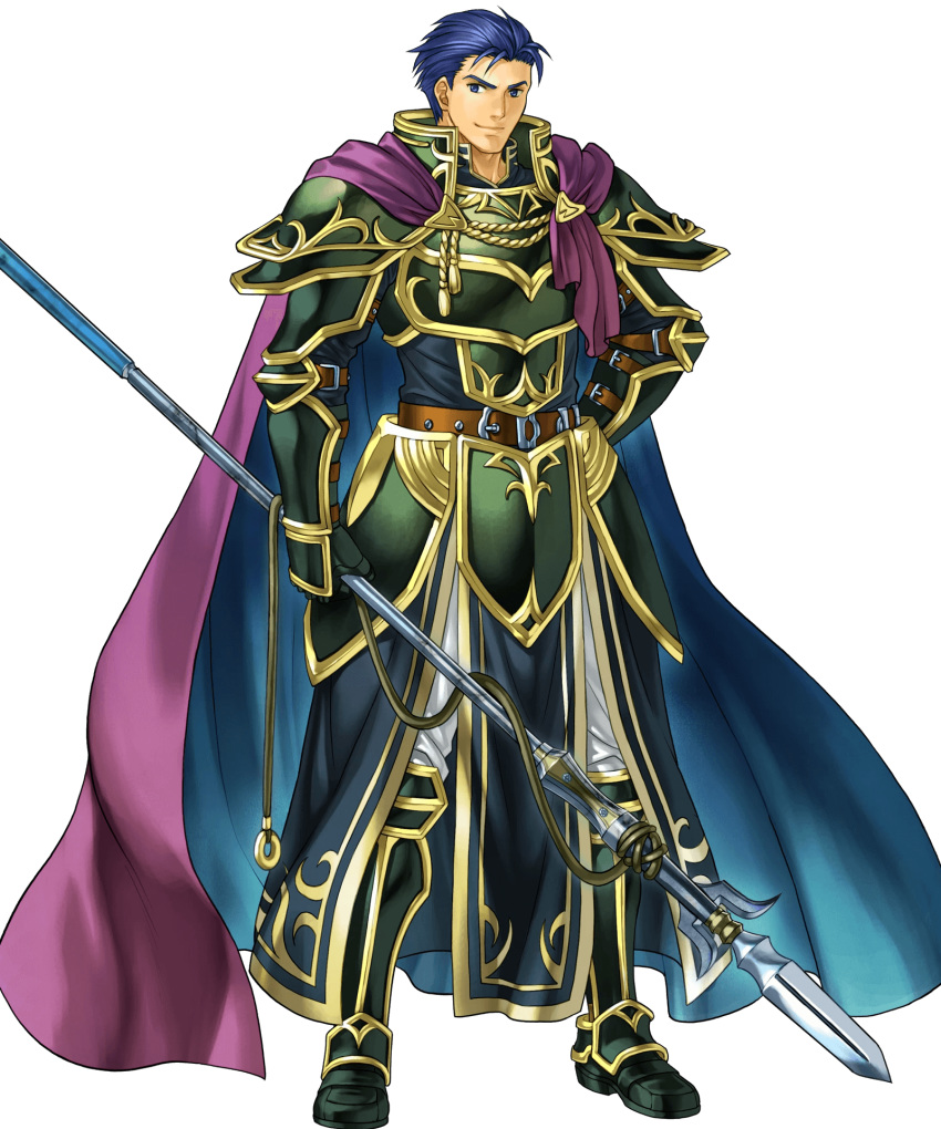 arm_belt armor belt blue_eyes blue_hair cape commentary cosplay fire_emblem fire_emblem:_rekka_no_ken fire_emblem_heroes full_armor full_body gauntlets greaves green_armor hector_(fire_emblem) highres holding holding_spear holding_weapon kita_senri lips loincloth male_focus multiple_belts official_art pants polearm purple_cape shoulder_armor smile spear transparent_background undershirt uther_(fire_emblem) uther_(fire_emblem)_(cosplay) weapon white_pants