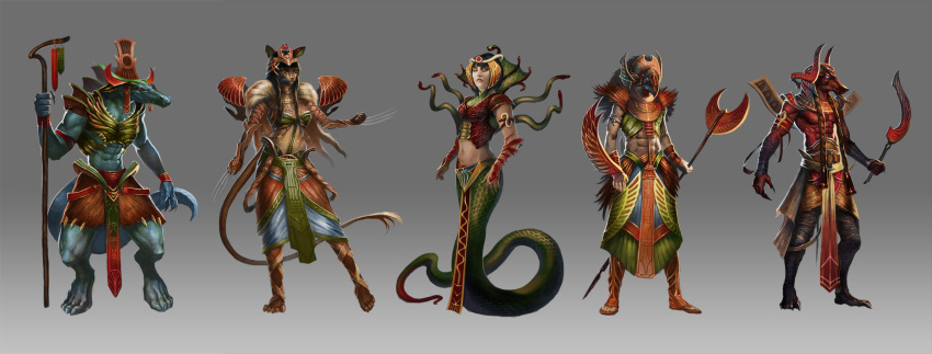 2012 abs animal_humanoid anubis armor avian avian_humanoid bastet cat_humanoid claws clothed clothing crocodile crocodilian deity egyptian_mythology feline female gradient_background group horus humanoid jackal_humanoid jewelry kemet lamia male mammal navel reptile scalie simple_background snake sobek staff standing trishkell wadjet weapon