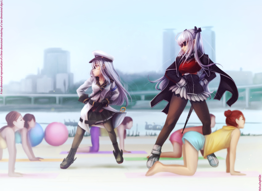 black_legwear blurry breasts brown_eyes brown_hair commentary crossover depth_of_field essex_(zhan_jian_shao_nyu) gangnam_style gangut_(kantai_collection) grey_hair hands_on_hips hat height_difference highres kantai_collection large_breasts long_sleeves melisaongmiqin multiple_girls pantyhose parody peaked_cap psy pun small_breasts sunglasses two_side_up zhan_jian_shao_nyu