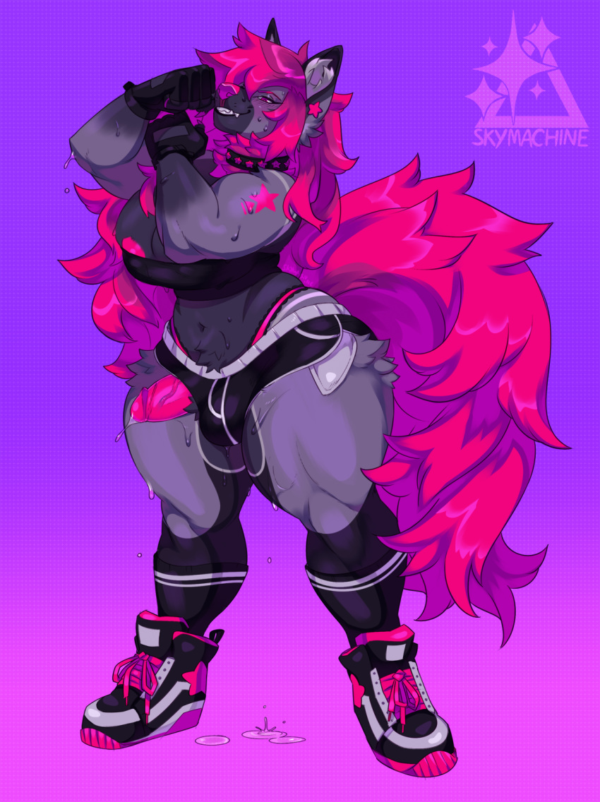 anthro big_breasts breasts canine clothing dickgirl hair hi_res intersex mammal muscular muscular_dickgirl muscular_intersex nipples penis pink_hair skymachine solo standing sweat thick_thighs wardrobe_malfunction wide_hips