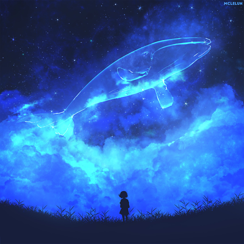 cloud cloudy_sky commentary english_commentary facing_away flying_whale from_behind grass highres making_of mclelun monochrome night night_sky original outdoors photoshop_(medium) scenery short_hair signature sky standing star_(sky) starry_sky