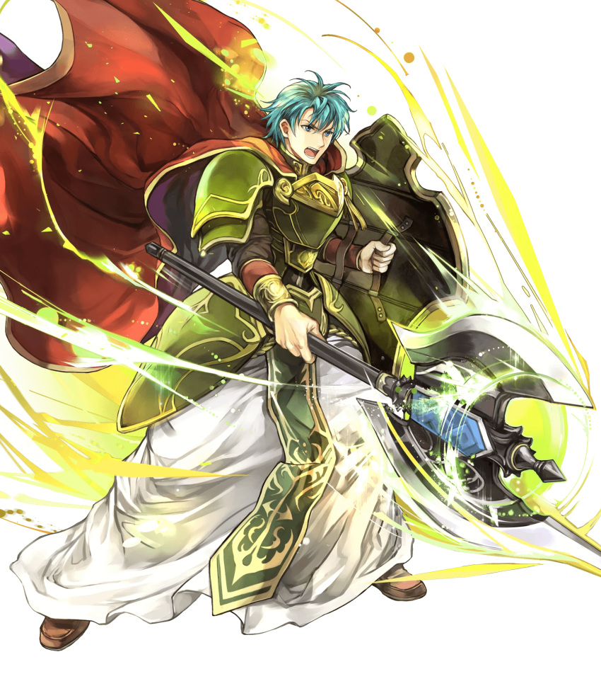 aqua_eyes armor axe battle_axe boots brown_footwear cape commentary cosplay energy ephraim fado_(fire_emblem) fado_(fire_emblem)_(cosplay) fire_emblem fire_emblem:_seima_no_kouseki fire_emblem_heroes full_armor full_body green_armor green_hair highres holding holding_axe holding_shield loincloth male_focus official_art open_mouth pants red_cape robe serious shield short_hair shoulder_armor solo teeth transparent_background undershirt wada_sachiko weapon white_robe