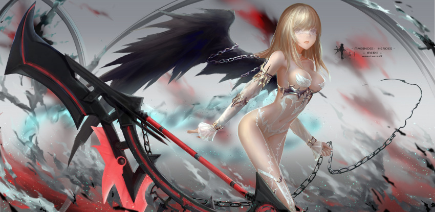 bare_shoulders black_wings blonde_hair breasts chain choker closed_mouth collarbone detached_sleeves highres leaning_forward lips long_hair looking_at_viewer mabinogi mabinogi_heroes medium_breasts navel purple_eyes revealing_clothes see-through solo strapless thighhighs walking wangchuan_de_quanyan weapon wings