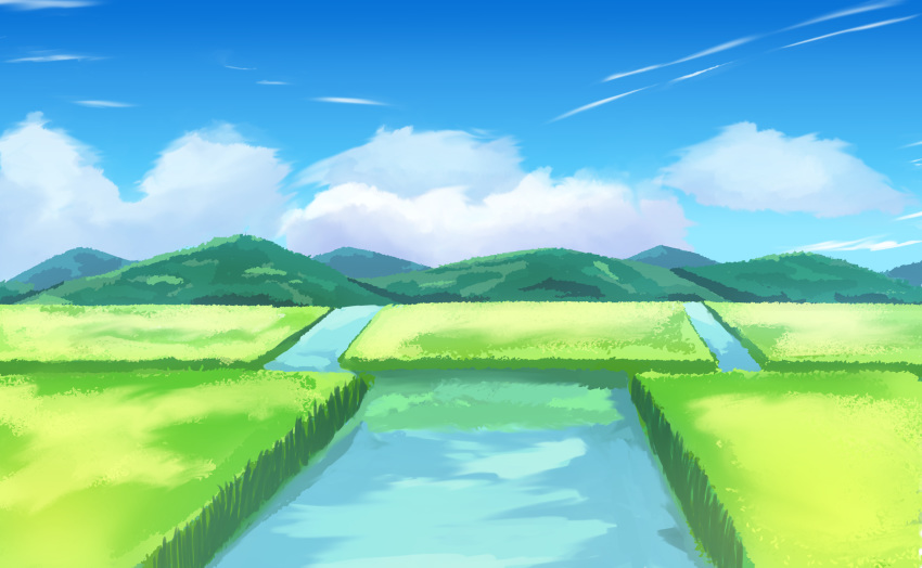 bad_id bad_pixiv_id biako blue_sky cloud cloudy_sky commentary_request day highres mountain mountainous_horizon no_humans original outdoors rice_paddy rural scenery sky water