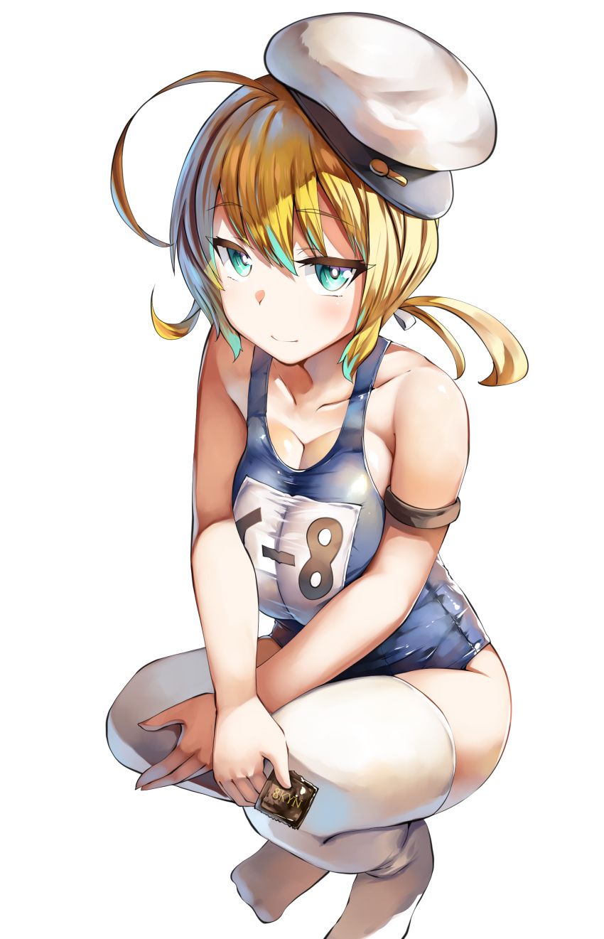 absurdres ahoge arm_strap armpit_crease bangs blonde_hair blue_eyes blue_swimsuit breasts cleavage collarbone condom eyebrows_visible_through_hair fanbox_reward glasses groin hair_ornament hair_ribbon hat highres hips holding holding_condom i-8_(kantai_collection) kantai_collection large_breasts lolicept long_hair looking_at_viewer low_twintails name_tag one-piece_swimsuit paid_reward peaked_cap red-framed_eyewear ribbon school_swimsuit semi-rimless_eyewear shiny shiny_skin sidelocks simple_background smile solo squatting swimsuit taut_clothes taut_swimsuit thighhighs twintails white_background white_legwear white_ribbon