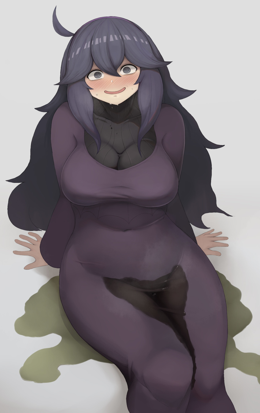 1girl @_@ absurdres ahoge al_bhed_eyes arm_support blush breasts breath covered_navel creatures_(company) dress embarrassed female from_above game_freak grey_background hairband hex_maniac_(pokemon) highres large_breasts legs_together long_hair long_sleeves looking_at_viewer matching_hair/eyes nintendo nose_blush npc_trainer open_mouth peeing peeing_self pokemon pokemon_(game) pokemon_xy puddle purple_dress purple_eyes purple_hair purple_hairband shiny shiny_hair simple_background sitting skin_tight smile solo steam sweat textless turtleneck umagoya_mochi wet wet_clothes wide_hips