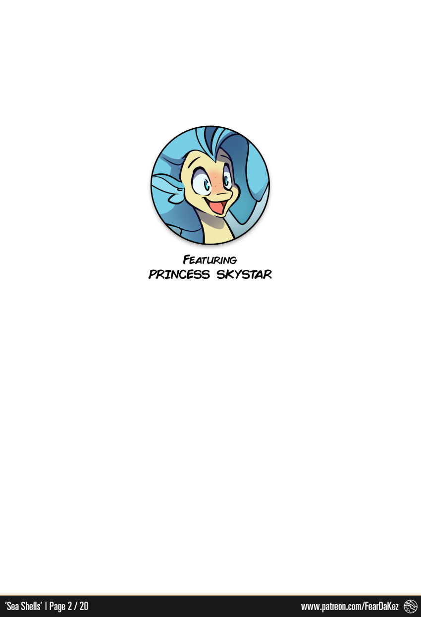 absurd_res ambiguous_species blue_eyes comic digital_media_(artwork) english_text eyebrows feardakez hi_res my_little_pony open_mouth open_smile patreon princess_skystar_(mlp) simple_background smile text white_background