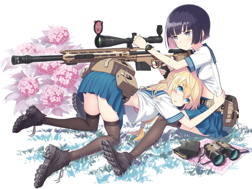 all_fours belt_pouch binoculars black_eyes black_footwear black_hair black_legwear blonde_hair blue_eyes blue_skirt bob_cut boots braid cartridge commentary_request flower gun long_hair magazine_(weapon) miniskirt original pleated_skirt pouch rifle samaru_(seiga) school_uniform scope serafuku short_hair sitting skirt sniper_rifle thighhighs watch weapon zettai_ryouiki