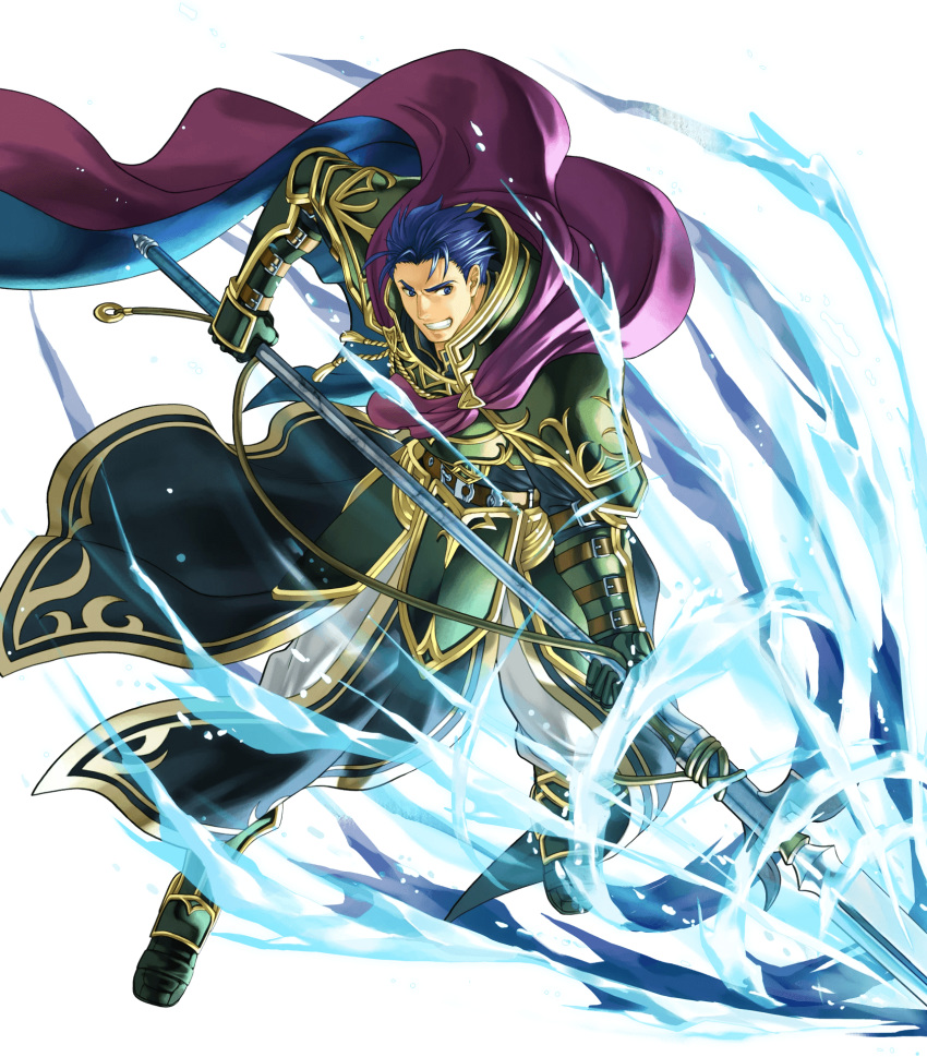 arm_belt armor attack belt blue_eyes blue_hair cape commentary cosplay energy fire_emblem fire_emblem:_rekka_no_ken fire_emblem_heroes full_armor full_body gauntlets greaves green_armor grin hector_(fire_emblem) highres holding holding_spear holding_weapon ice kita_senri lips loincloth male_focus multiple_belts official_art pants polearm purple_cape shoulder_armor smile spear transparent_background undershirt uther_(fire_emblem) uther_(fire_emblem)_(cosplay) weapon white_pants