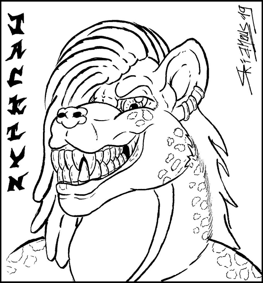 2019 dreadlocks female grin hyena jacklyn_sheen line_art mammal mohawk piercing portrait skianous smile spotted_hyena teeth