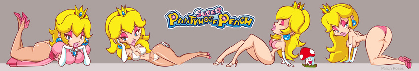 ass blonde_hair breasts crown dress earrings eyes eyeshadow gem hanging_breasts high_heels highres jewelry large_breasts long_image looking_at_viewer makeup mushroom nintendo nipples no_bra panties panties_only pantyhose patricia_segovia pose princess princess_peach sergevirusx shoes smile super_mario_bros super_mario_bros. super_mushroom super_princess_peach underwear wide_image