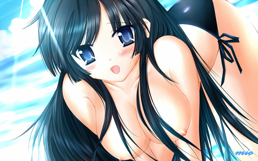 akiyama_mio all_fours bad_id bad_pixiv_id bent_over bikini black_hair blush breasts cloud day k-on! large_breasts long_hair mikan_(5555) nipples side-tie_bikini sky small_nipples solo swimsuit topless