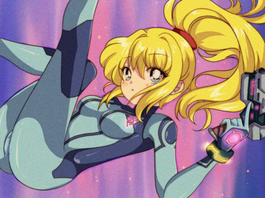 1girl 90s blonde_hair blue_eyes bodysuit commentary english_commentary feet_out_of_frame gun high_ponytail highres komi_shou long_hair looking_at_viewer metroid multicolored multicolored_background nintendo parody ponytail power_suit samus_aran skin_tight solo style_parody weapon zero_suit