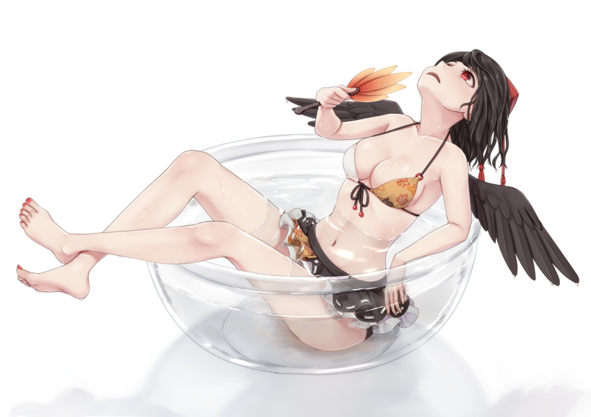 adapted_costume bare_arms bare_legs bare_shoulders barefoot bikini black_hair black_skirt black_wings blush breasts collarbone commentary_request dtvisu fan feathered_wings front-tie_bikini front-tie_top full_body glass_bowl halterneck hat holding holding_fan in_bowl in_container leaf-pattern_stripe leaf_fan leaf_print looking_up medium_breasts microskirt nail_polish navel o-ring o-ring_bikini open_mouth orange_bikini partially_submerged petticoat red_eyes red_nails shadow shameimaru_aya short_hair simple_background sitting skirt solo stomach swimsuit tassel thighs toenail_polish tokin_hat touhou water white_background white_bikini wings