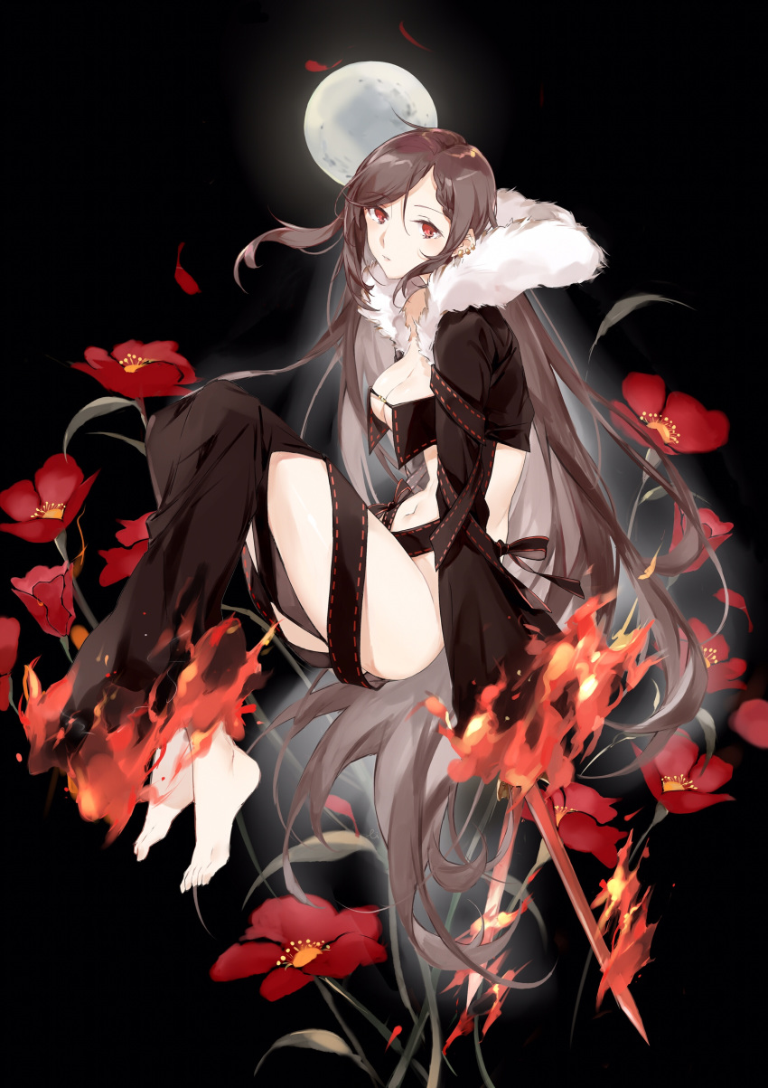 1girl absurdres bangs bare_shoulders barefoot black_background black_bow black_dress black_jacket bow braid breasts brown_hair consort_yu_(fate) dress ear_piercing fate/grand_order fate_(series) fire floating flower from_side full_body full_moon fur-trimmed_jacket fur_trim highres jacket lizi13896363898 long_hair long_sleeves looking_at_viewer medium_breasts moon navel open_clothes open_jacket parted_lips petals piercing red_eyes red_flower revealing_clothes solo strapless strapless_dress sword very_long_hair weapon