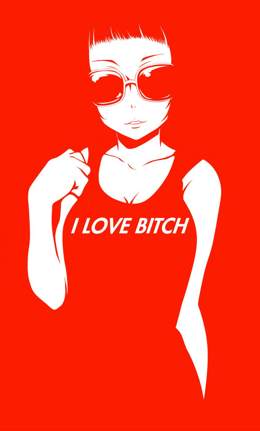 absurdres bangs blending blunt_bangs breasts cleavage clothes_writing collarbone english highres large_breasts minimalism monochrome original parted_lips profanity red solo sunglasses tom_(drpow)