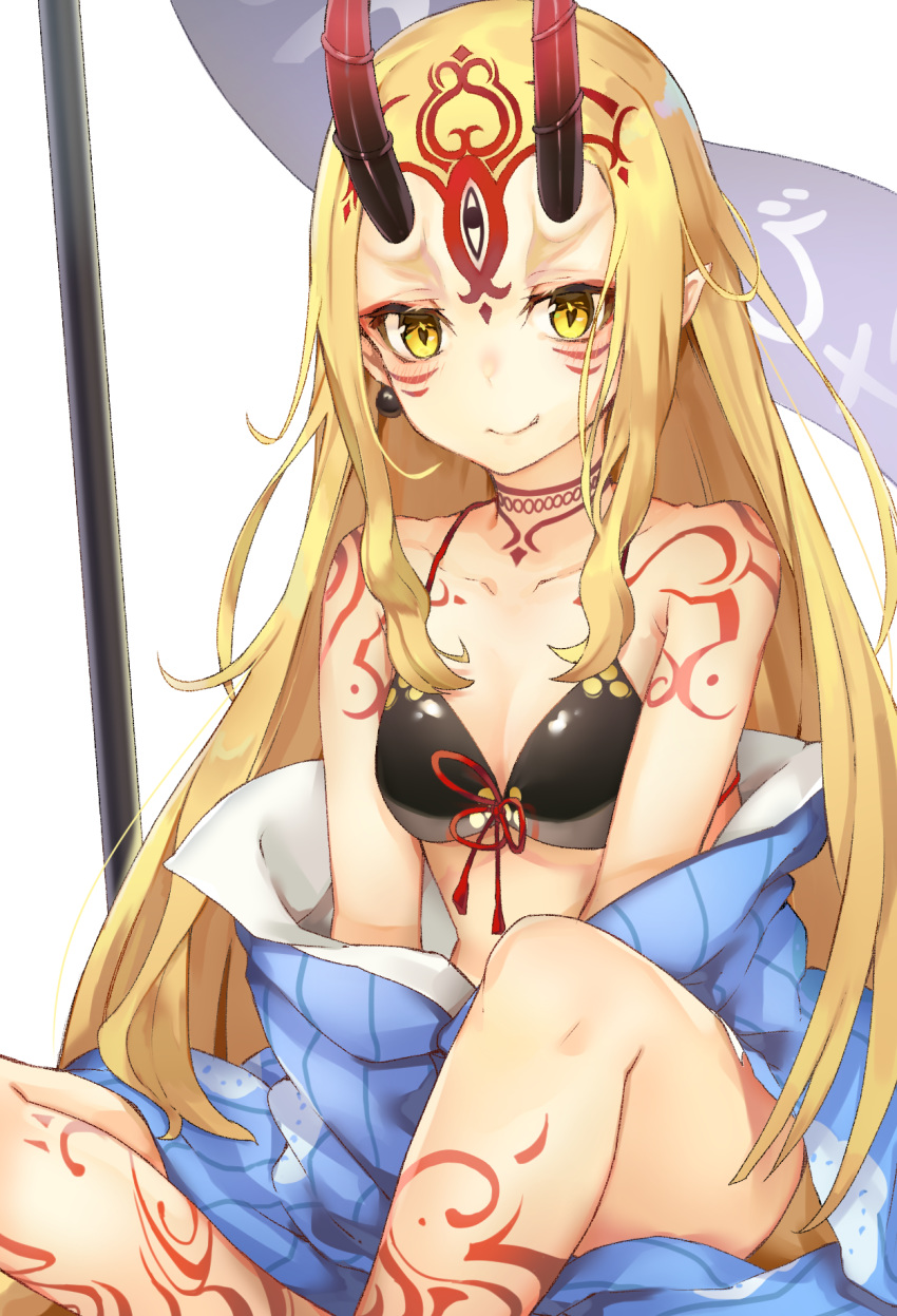 bare_shoulders bikini black_bikini black_cola blonde_hair blue_kimono blush breasts brown_eyes closed_mouth collarbone commentary facial_mark fang fang_out fate/grand_order fate_(series) forehead_mark highres ibaraki_douji_(fate/grand_order) ibaraki_douji_(swimsuit_lancer)_(fate) japanese_clothes kimono long_hair off_shoulder shoulder_tattoo simple_background small_breasts smile solo swimsuit tattoo translated very_long_hair white_background