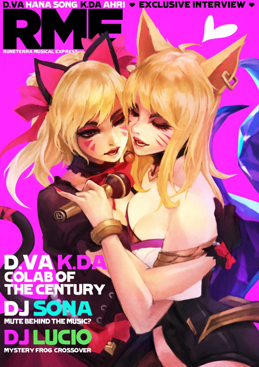 2girls absurdres ahri alternate_costume animal_ears asymmetrical_docking bangs bare_shoulders black_cat_d.va blonde_hair bracelet breast_press breasts cat_ears cat_tail cheek-to-cheek cleavage cover crossover d.va_(overwatch) earrings eyelashes eyes_closed eyeshadow fox_ears fox_tail highres hug idol jewelry k/da_(league_of_legends) k/da_ahri large_breasts league_of_legends lips magazine_cover makeup medium_breasts microphone monori_rogue multiple_girls multiple_tails music nail_polish nose open_mouth overwatch pink_background pinky_out shared_microphone shorts singing tail thighhighs trait_connection whisker_markings