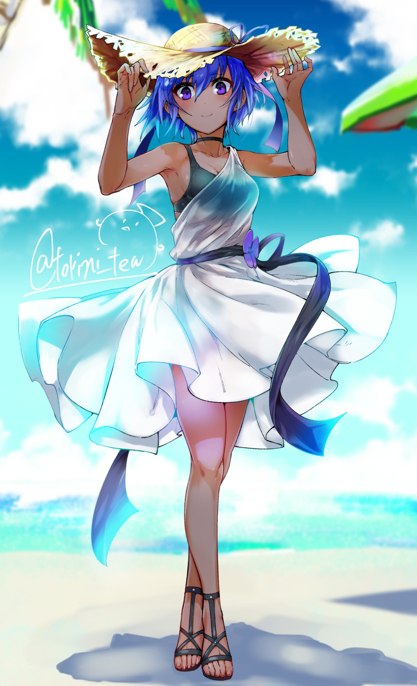 absurdres armpits bare_shoulders beach bikini_top choker collarbone dark_skin day dress fate/grand_order fate_(series) full_body hassan_of_serenity_(fate) hat highres purple_eyes purple_hair sandals see-through short_hair smile solo sun_hat swimsuit torichamaru white_dress