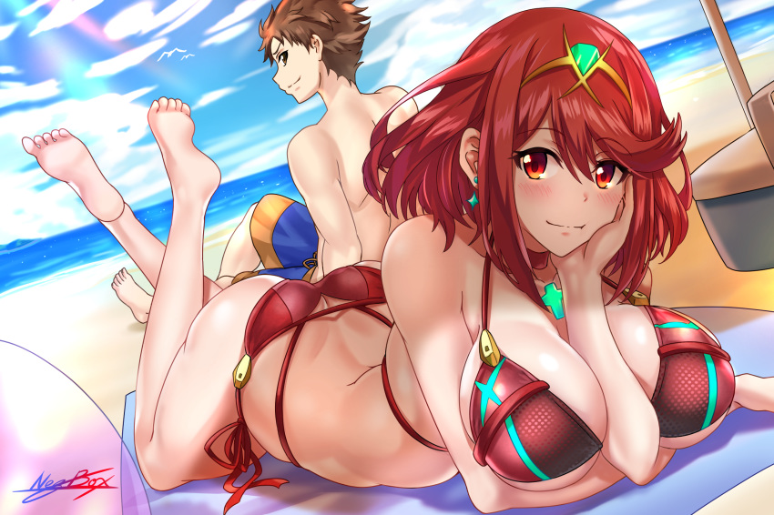 ass bare_shoulders beach beach_towel beach_umbrella between_breasts bikini blue_sky breasts brown_hair butt_crack cleavage commentary_request day hand_on_own_face highres homura_(xenoblade_2) large_breasts looking_at_viewer lying md5_mismatch nez-kun ocean on_stomach outdoors red_hair rex_(xenoblade_2) short_hair sky smile spiked_hair swimsuit the_pose tiara towel umbrella water xenoblade_(series) xenoblade_2