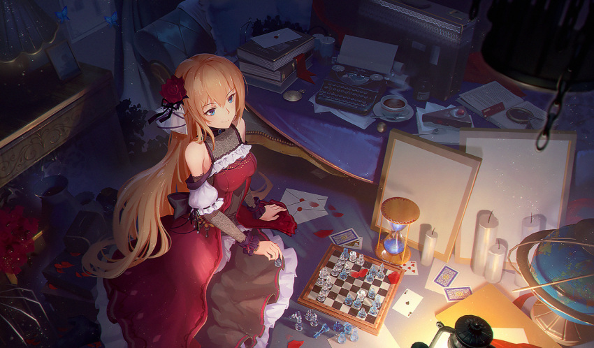blonde_hair blue_eyes board_game book_stack breasts cake_hair_ornament candle card cha_(pixiv12794171) chess chess_piece commentary_request dress food_themed_hair_ornament globe hair_ornament hourglass indoors large_breasts looking_away original plate playing_card red_dress